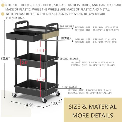 Goovilla 3 Tier Rolling Utility Cart Organizer with Removable Drawer, Stable and Sturdy Black Rolling Storage Carts with 2 Lockable Wheels for Bathroom, Kitchen, Snack, Craft, Makeup, Baby Essentials - size: 3 Tier, style: Black