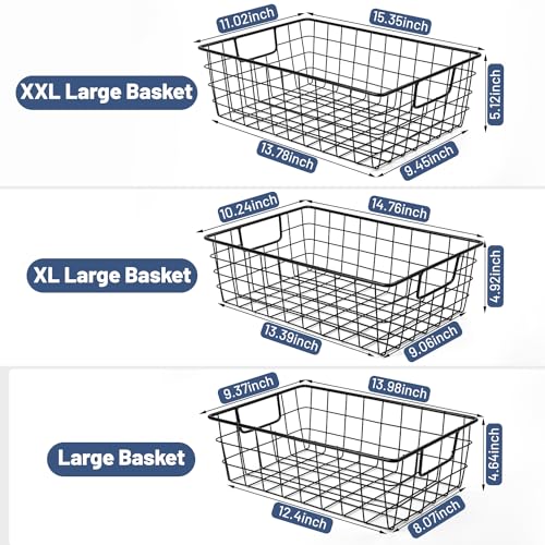 3 Pack Extra Large Wire Basket with Metal Handles, Metal Basket for organizers and storage, Wire Storage Baskets for Pantry, Cabinet, Fridge, Kitchen, Wardrobe, Garage, Bathroom, Black - size: 3PC Extra Large Basket Black