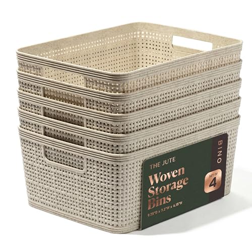 BINO | Woven Plastic Basket | Small (Natural), 5-Pack | THE JUTE COLLECTION | Home Organization, Space - Saving Storage, Stylish Design | Jute Basket | Plastic Storage Basket - color: Natural, size: 5PK- S