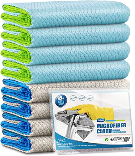 Microfiber Cleaning Cloth Lint Free Glass Cleaner Window Polishing Streak Free Miracle Easy Clean Rag Reusable for Mirror Kitchen Dish Auto Detailing,Pack of 8, 12'' x 16'', Blue and Grey - color: Blue and Grey, 12 X 16 Inch