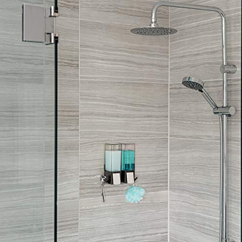 Better Living Clever Double Shower Dispenser 2 Chamber, Wall Mount Shower Soap Dispenser for Bathroom Hotel Body Wash, Storage Hooks, No Drill, Waterproof Shampoo Soap Dispenser, 2 x 17 oz, Black - color: Black/Chrome, style: Double Dispenser