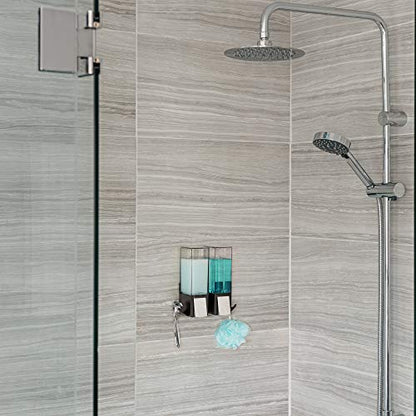 Better Living Clever Double Shower Dispenser 2 Chamber, Wall Mount Shower Soap Dispenser for Bathroom Hotel Body Wash, Storage Hooks, No Drill, Waterproof Shampoo Soap Dispenser, 2 x 17 oz, Black - color: Black/Chrome, style: Double Dispenser