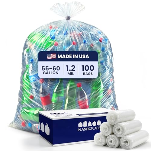 Plasticplace 55-60 gallon Trash Bags │ 1.2 Mil │ Clear Garbage Can Liners │ 38” x 58” (100Count)