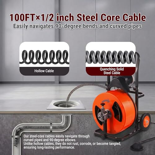 100FT x 1/2 Inch Drain Cleaner Machine, Auto Feed Electric Drain Auger for 2"-4" Pipes, Enclosed Metal Drum with 4 Cutters & Pneumatic Foot Switch, Sewer Snake Auger - style: 100FT x 1/2inch