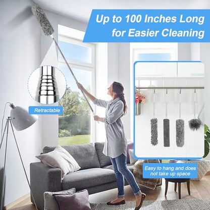 Duster for Cleaning 5-in-1 Kit, 100 Inches Duster with Extension Pole, Extendable Duster, Microfiber Feather Duster, Cobweb Dusters for High Ceilings, Furniture, Blinds, Wall- Grey - color: Gray