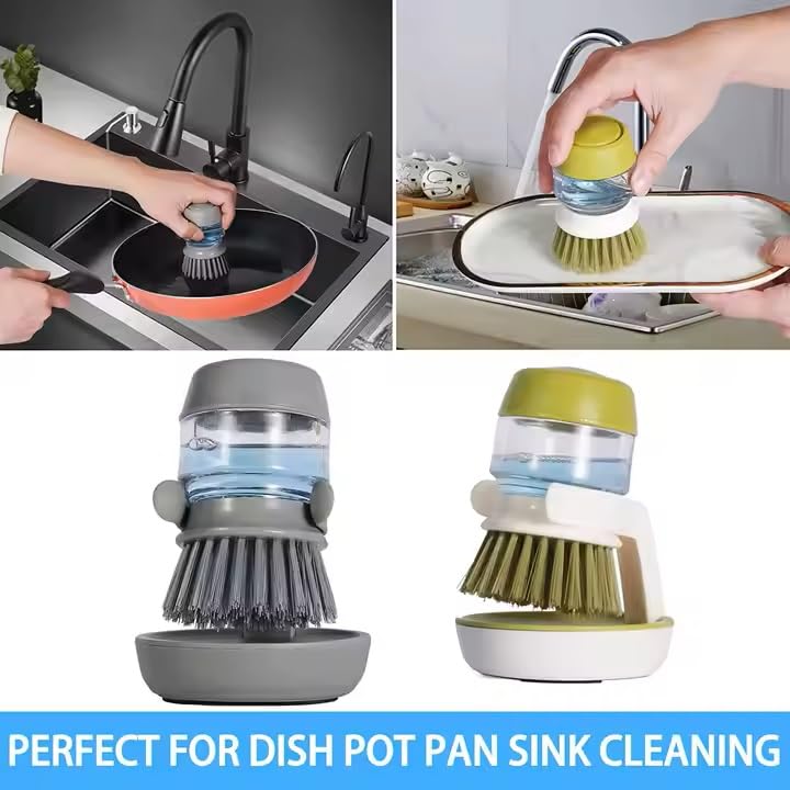 Soap Dispenser Palm Dish Brush with Storage Bracket – Drainage Base, Easy-to-Clean Kitchen Utensil Cleaner | Includes Extra Soft Bristle Brush (Gray&Green) - color: Gray&green