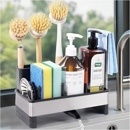 Kitchen Sink Caddy Organizer, Stainless Steel Sponge Holder, Kitchen Caddy Sink Organizer with Dish Brush Holder and Dishcloth Rack, Rustproof Dish Sponge Drying Rack for Countertop Storage - color: Black