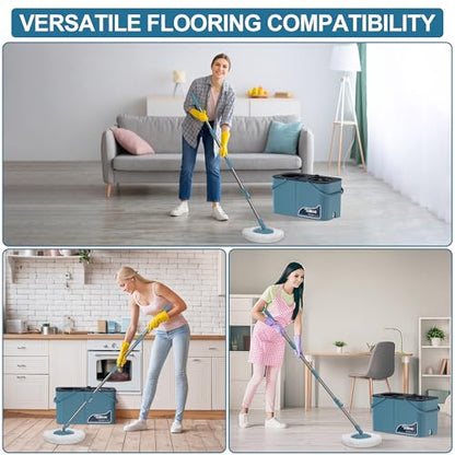 RinseWise Large Gen 1 Spin Mop and Bucket with Wringer, 2 Gal Clean Water Capacity, 4-Chamber Clean & Dirty Water Separation, 4 Swivel Wheels, 61" Handle, 6 Microfiber Heads for Hardwood & Tile Floors - size: Large Gen 1- Blue/Grey+6 Mop Heads