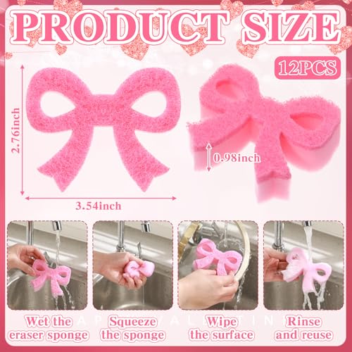 Tioncy 12 Pack Pink Bow Sponges Bulk Preppy Dual Sided Scrubber Pink Bow Sponges Reuseble Non Scratch Dishwashing Kitchen Cleaning Accessories for Cookware Pot Boiler Pan Household - style: Classic Bow