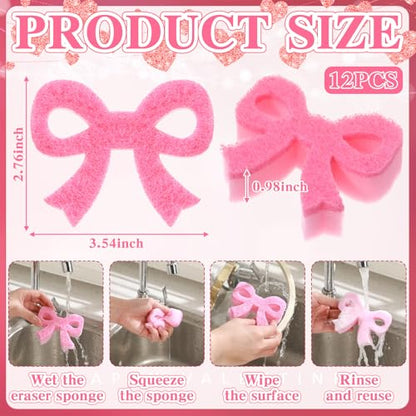 Tioncy 12 Pack Pink Bow Sponges Bulk Preppy Dual Sided Scrubber Pink Bow Sponges Reuseble Non Scratch Dishwashing Kitchen Cleaning Accessories for Cookware Pot Boiler Pan Household - style: Classic Bow