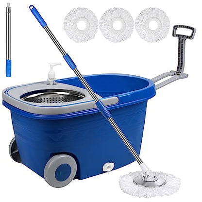 Mop and Bucket with Wringer Set 25QT，Stainless Steel Deluxe 360 Spinning Mop Bucket Floor Cleaning System with 3 Microfiber Replacement Head Refills, 2X Wheel for Home Cleaning with Drain Plug