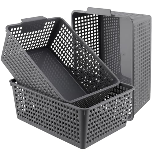 3 Pack Large Plastic Storage Baskets, 14.3 x 10.2 x 5.7 Inch Grey Storage Bins, Stackable Plastic Woven Basket Organizer Tray for Pantry Organization