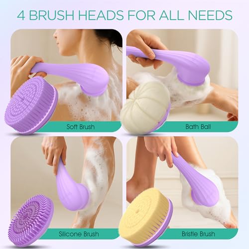 VOYOR Electric Body Brush Back Scrubber Silicone Body Scrubber Two-Way Rotating Brush Head for Deep Cleaning, Exfoliation, 4 Attachments Long Handle IPX6 Rechargeable Shower Brush BC300 (Purple) - color: Purple