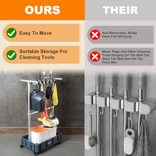 Mobile Mop and Broom Holder，Efficient Storage Solution for Cleaning Tools Keep Your Tools Handy and Organized