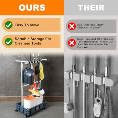 Mobile Mop and Broom Holder，Efficient Storage Solution for Cleaning Tools Keep Your Tools Handy and Organized