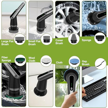 WKY-Electric Spin Scrubber - Upgraded 10-in-1 IPX7 Waterproof Shower Scrubber, Retractable Handle & 2-Speed for Toilet, Bathroom, Bathtub, Tile Floors - color: Black&lgray