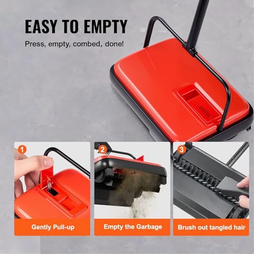 Carpet Sweeper Manual - Floor Sweeper for Pet Hair & Dust, 6.7" Cleaning Width, 300ml Dustbin, Red, Cordless Home Office Carpet Cleaning