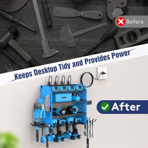 Heavy Duty Power Tool Organizer Wall Mount with Charging Station, 4 Layer Garage Storage Adjustable Shelves Height, Holds 4 Drills, 2 Hooks, Screw & Screwdriver box, Gifts for Fathers Day, Anniversary - color: Blue