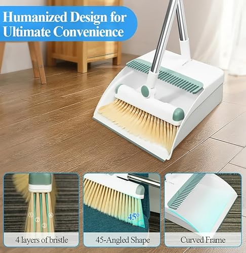 Broom and Dustpan Set 50" Long Handle Foldable Stand Up Broom and Dustpan with Comb Teeth for Indoor & Outdoor Sweeping Home Dog Cat Pets (White) - color: White