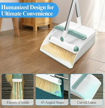 Broom and Dustpan Set 50" Long Handle Foldable Stand Up Broom and Dustpan with Comb Teeth for Indoor & Outdoor Sweeping Home Dog Cat Pets (White) - color: White