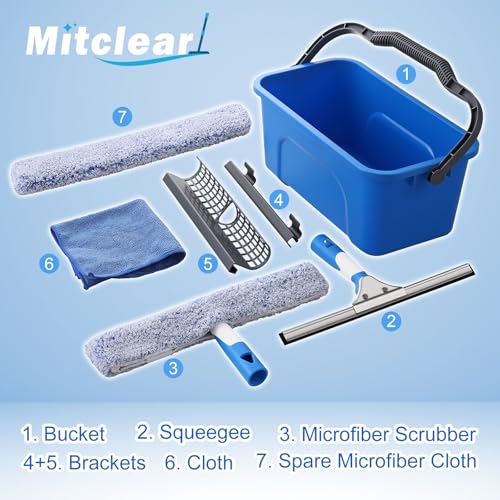 Mitclear Professional Window Cleaning Kit with Bucket 3 Gallon, 14'' Silicone Squeegee, 14'' Microfiber Scrubber, Cloth, Window Washing Equipment Cleaner Tools, Commercial & Home, Car, Outdoor - style: Window Cleaning Kit