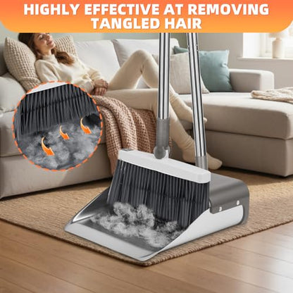 Broom with Dustpan Combo Set, Heavy Duty Standing Metal Dust Pan with Teeth, Indoor Outdoor Up for Home Kitchen Lobby Room Office, Grey - color: Gray