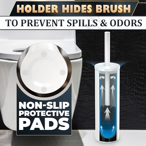 Stainless Steel Toilet Brush and Holder Set White - Long Handle Toilet Bowl Cleaner Brush and Holder - Removable Inner Liner, Shiny Design, Splash Protection & Dense Bristles for Bathroom Cleaning - color: White