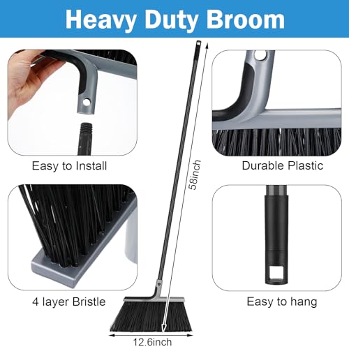 Lallisa 4 Pack Commercial Broom and Dustpan Combo Set 58'' Long Handle Upright Broom with 4-Layer Bristles Standing Dustpan Heavy Duty Lobby Dust Pan Bulk for Home Kitchen Office Indoor Outdoor Use