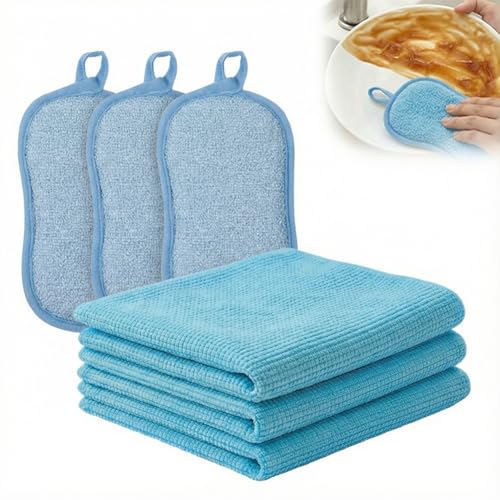 6Pcs Microfiber Cleaning Cloths & Sponges Set - 3Pcs Absorbent Towels + 3Pcs Dual-Sided Scrub Sponges - for Kitchen, Car, Bathroom, Dishes and Hard Surfaces(Blue) - color: Blue