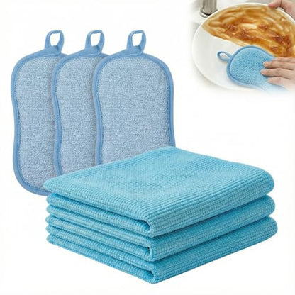 6Pcs Microfiber Cleaning Cloths & Sponges Set - 3Pcs Absorbent Towels + 3Pcs Dual-Sided Scrub Sponges - for Kitchen, Car, Bathroom, Dishes and Hard Surfaces(Blue) - color: Blue