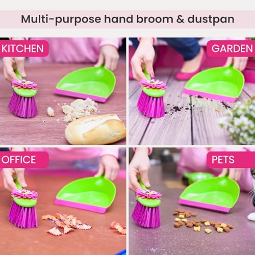 Vigar Flower Power Dust Pan and Brush Set - Mini Broom and Dustpan Set, Handheld Broom and Dustpan Set With Whisk Broom, Small Dustpan and Brush Set, Compact Indoor Sweeper for Countertop - Pink Green - color: Flower Power