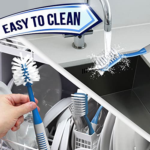 Dish Brush Set of 4 - Kitchen Scrub Brushes with Non-Slip Long Handle for Cleaning, Scrubber, Dishwashing, Dishes, Bottles, Straws, Cups, Pots & Sink, Blue - color: Blue, Set of 4