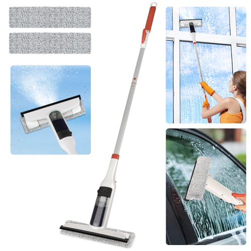 Spray Mop Window Cleaning Kit with Silicone Squeegee – Adjustable Aluminum Pole & Non-Slip Handle for Floors/Walls/Door/Windows/Cars/Bathroom, Detachable Tank & Washable Pads
