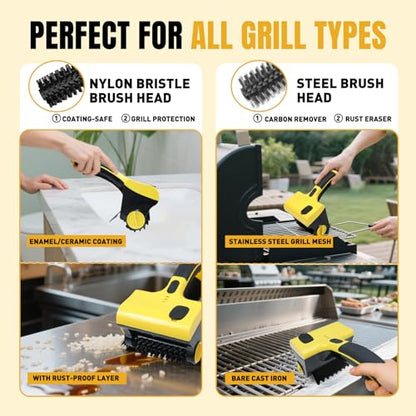 Power Grill Cleaner with Dual Brushes & Water Spray - Cordless Electric Grill Brush for Outdoor Grill, 2600mAh Fast Charge Battery and No Shedding Bristles Design
