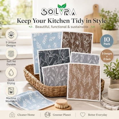 10 PCS Leaf Print Swedish Dishcloths for Kitchen 100% Biodegradable, Reusable Cellulose Sponge Cloths Ultra Absorbent, Eco Friendly Cleaning Towels Dishcloths for Washing Dishes & General Cleaning - color: 10 Pcs-leaf Print