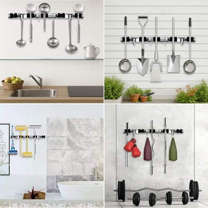 2 Packs 5 Racks and 4 Hooks Mop and Broom Holder Wall Mount, SUS304 Heavy Duty Broom Organizer Storage Tool Racks, Self Adhesive Solid Non-slip Tool Hangers for Home Kitchen Garden Laundry Garage - color: 5 Racks & 4 Hooks (Silver) - 2 Pack
