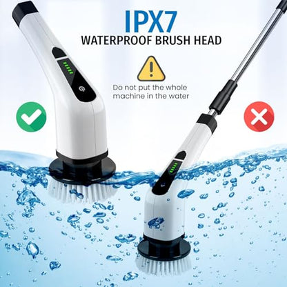 Electric Spin Scrubber, Cordless Scrubber with 7 Replaceable Cleaning Brushes and Dual Speed, Shower Cleaning Brush, Power Scrubber with Adjustable & Detachable Handle for Cars Bathroom Kitchen