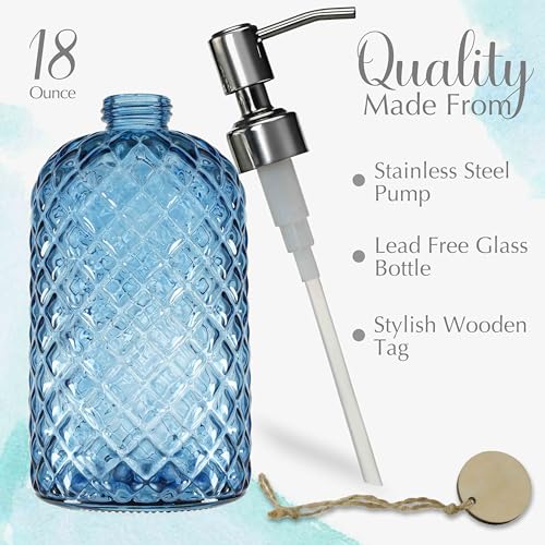 JASAI 18Oz Gem Patterned Glass Soap Dispenser for Kitchen and Bathroom, Refillable with Rust Proof Stainless Steel Pump (Blue) - color: Navy Blue