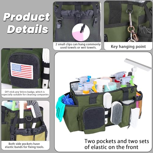 Wearable Cleaning Caddy Bag, Cleaning Organizer with Handles, Cleaning Supply Tote with Adjustable Shoulder Strap for Cleaners & Housekeeper (Green, 13.4'' x 7.3'' x 9.3'')