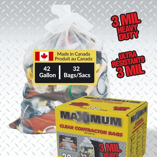Maximum Heavy Duty Garbage Bags, 42-Gallon, 3 Mil, Clear Garbage Bags Extra Large, Tear Resistant, Industrial Strength, 32 Counts - color: Clear
