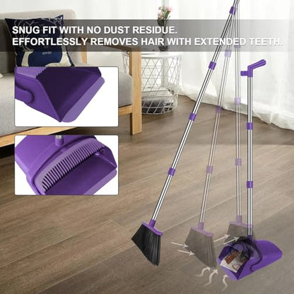 Purple Broom with Dustpan Combo Set, 51" Long Handle Household Cleaning Tool, Ideal Broom and Dustpan Set for Pet Hair and Home Use - color: Purple