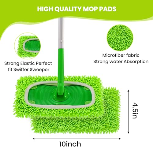 8 Pack Chenille Mop Pads, Reusable Mop Refills for 10''–12'' Flat Mops, Washable Wet & Dry Pads for Hard Floors, Compatible with Swiffer Sweeper Mops