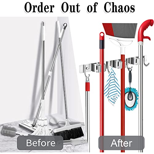 Broom Mop Holder Wall Mount Broom Hanger Wall Mounted Metal Organization Garage Storage Garden Kitchen Tool Organizer With 4 Racks and 5 Hooks (Silver, 1 Pack 3R4H)…
