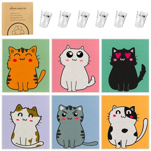 6 Pack Swedish Dishcloths for Kitchen, Cat Gifts for Cat Lovers Swedish Rags Absorbent Dish Cloth with Adhesive Clips, Reusable Paper Towels No Odor for Countertop Sink Kitchen Cat Mom Gift for Women - color: Cat Pattern