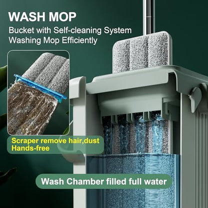JOYMOOP Flat Mop System, Microfiber Mop and Bucket Set, Green, Commercial & Household Floor Cleaning Mop with Long Handle, Includes 3 Reusable 15" Pads - color: Green Max531