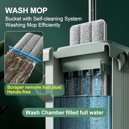 JOYMOOP Flat Mop System, Microfiber Mop and Bucket Set, Green, Commercial & Household Floor Cleaning Mop with Long Handle, Includes 3 Reusable 15" Pads - color: Green Max531
