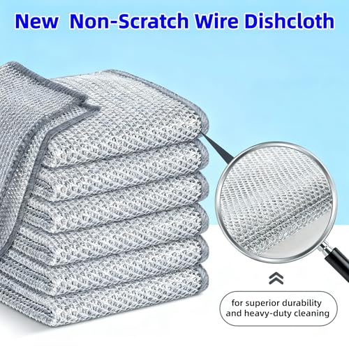 Non-Scratch Wire Dishcloth - Multipurpose Wire Dishwashing Rag for Pots, Pans, Glassware & Grills, Durable and Fast-Drying Kitchen Scrubber (6PCS)