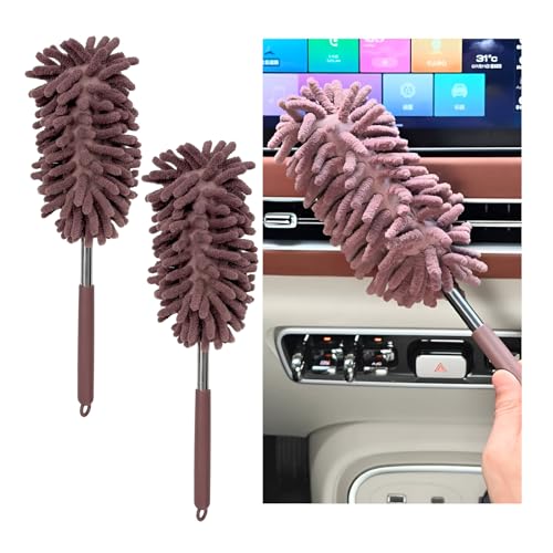 2PCS Car Interior Duster with Extension Pole, 11.8" to 30.5" Retractable Dusters Auto Dash Cleaning Tool, Soft Chenille Hand Washable Dusters for Car Window Furniture Office (Khaki) - color: Khaki
