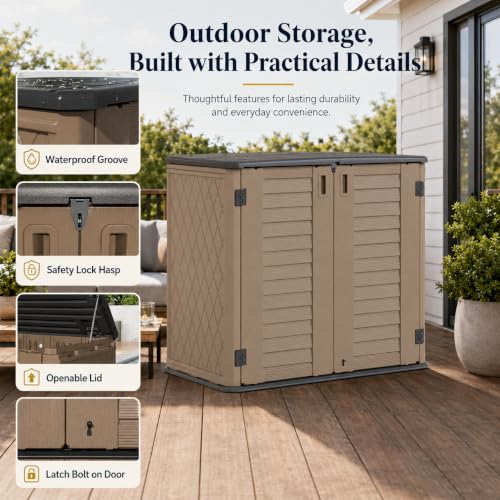 ADDOK 26 Cu.Ft Outdoor Storage Shed with Floor,Large Waterproof Resin Storage Cabinet with Lift-Up Lid,Double Doors and Lockable Design for Lawn Mower,Garden Tools, Patio,Backyard and Pool Supplies - size: 26 Cu.Ft-Brown