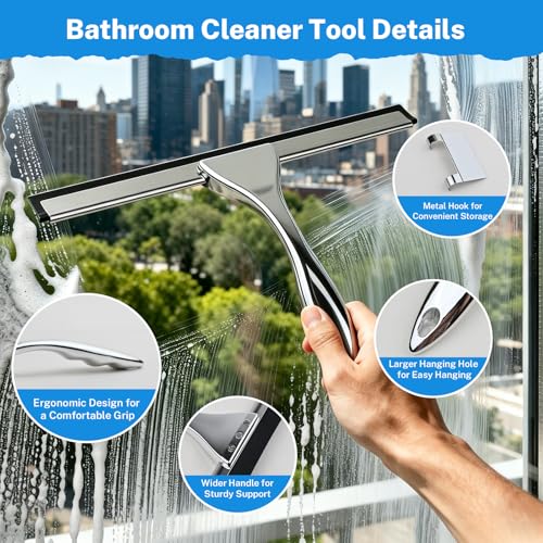 All-Purpose Stainless Steel Squeegee, 10 Inch Silver Shower Squeegee with 1 Adhesive Hooks, Streak-Free Silicone Blade for Shower Door, Window, Car, Tile Wall, Bathroom Household Cleaning Tool